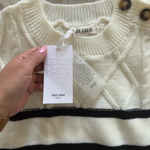 Grace Karin Beige / Black Striped Sweater Knit Long sleeve Size S - Picture 2 of 7